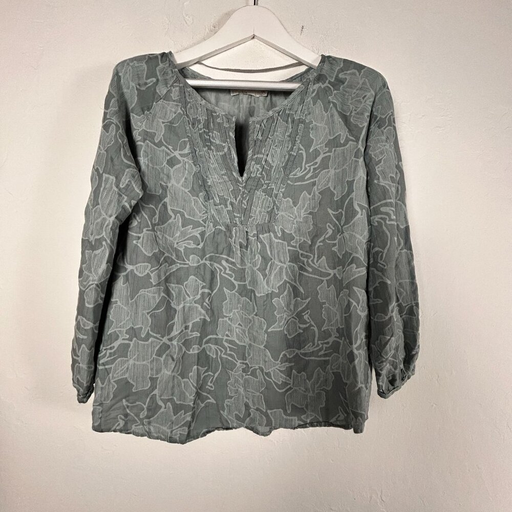 Prana Womens Leonardo Green Vines Top Large Long Sleeve Organic Cotton Blend